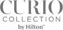 The image displays the logo for "Curio Collection by Hilton," featuring the brand name in large text and the tagline beneath it.