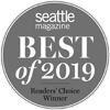 A circular badge reads "seattle magazine BEST of 2019 Readers' Choice Winner" in white text on a gray background.