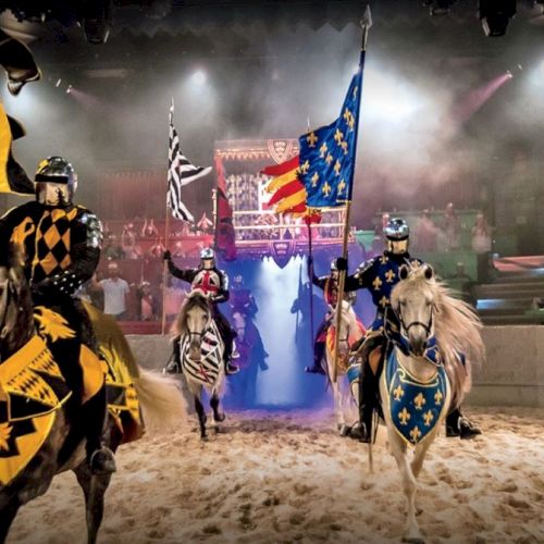 A medieval-themed performance features armored knights on horseback wielding colorful flags, set in an arena with spectators watching the event.