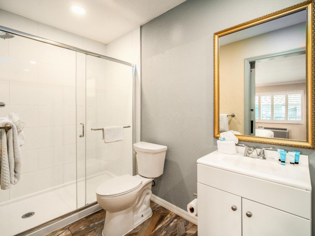 A modern bathroom with a glass shower, toilet, and vanity with a large mirror. A window and various toiletries are visible on the counter.