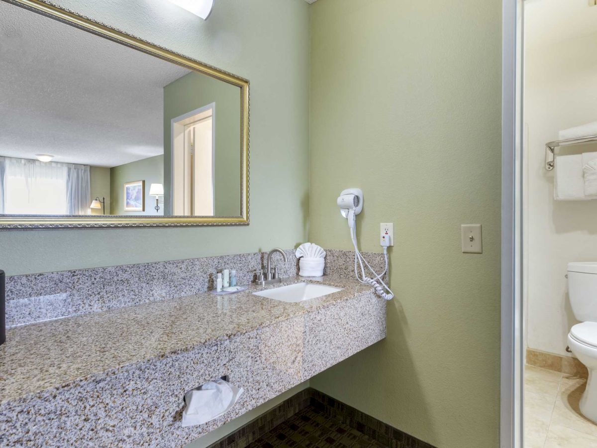 A bathroom scene with a large mirror, sink, hairdryer, and toilet in the back. There are towel racks, toiletries, and a trash bin.