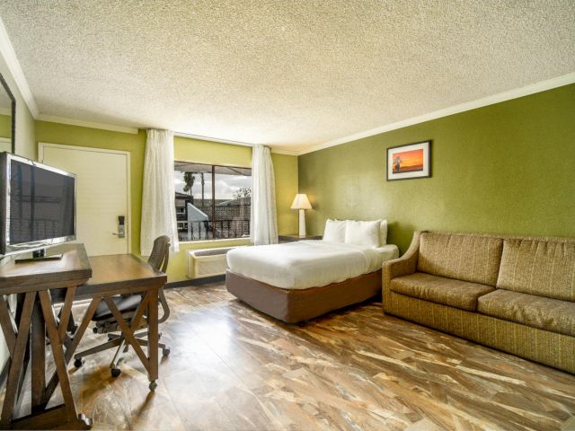 A wide view of a hotel room with a bed, sofa, desk, and TV