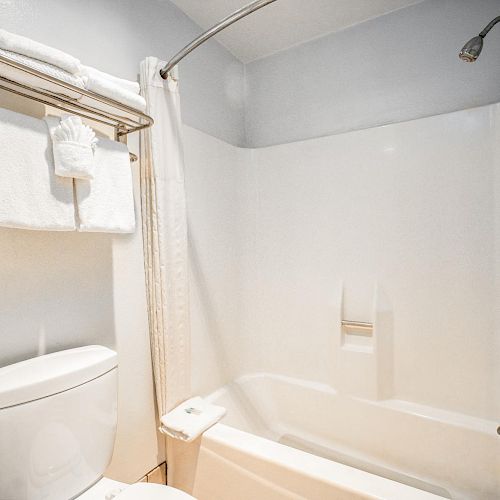 This image shows a clean bathroom with a white bathtub and shower combo, a toilet, and towels neatly hung on a rack, next to a shower curtain.