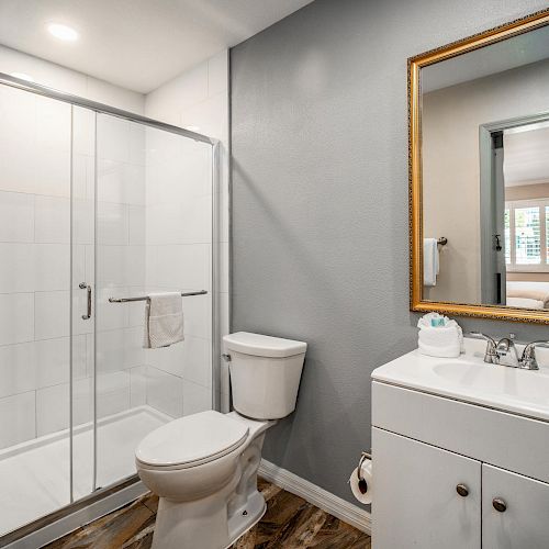 This image features a modern bathroom with a walk-in shower, toilet, and vanity with a large mirror. There are toiletries on the sink.