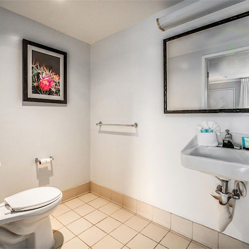 A restroom with a toilet, sink, framed floral artwork, mirror, towel rack, and toiletries on the sink. The floor is tiled.