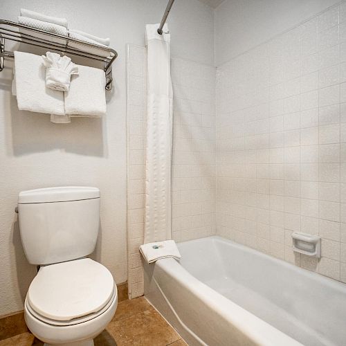 The image shows a bathroom with a toilet, a bathtub with a shower curtain, and a shelf holding towels and toiletries above the toilet.