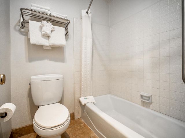 A bathroom with a toilet, bathtub, and towels.