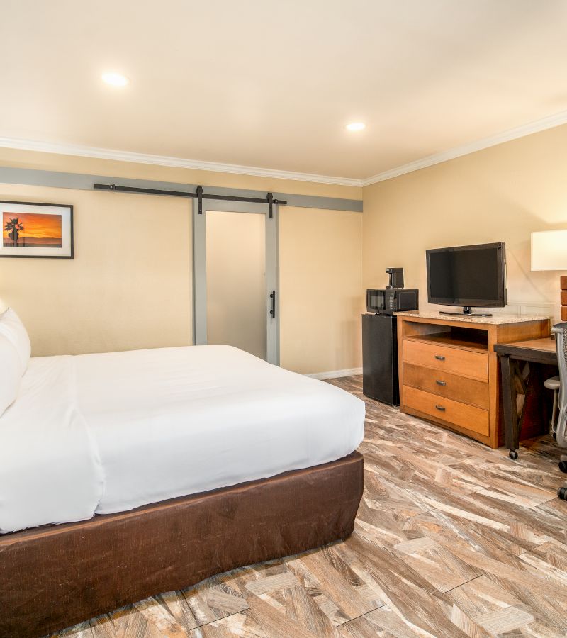 A hotel room with a bed, desk, TV, and refrigerator.